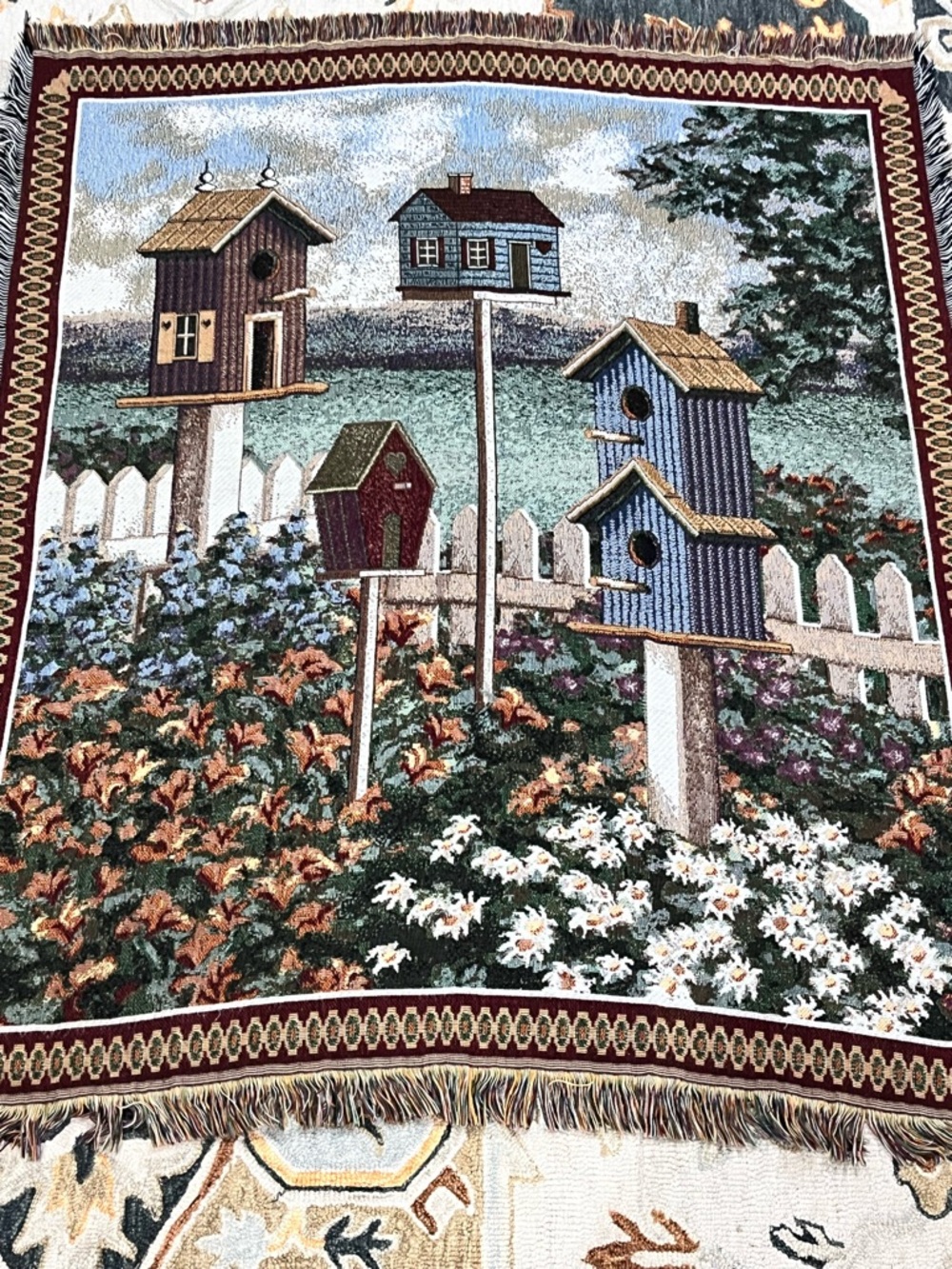 Birdhouse Blanket Featuring Four Different Birdhouses and Picket Fence 50x56